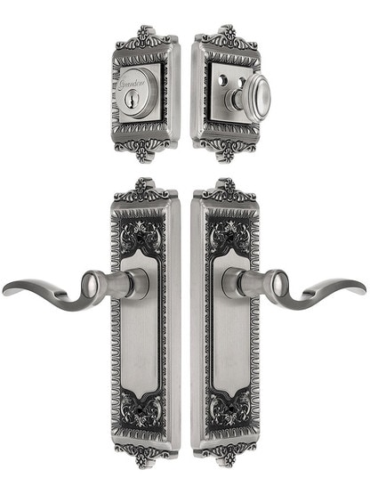 Grandeur Windsor Entry Door Set, Keyed Alike with Bellagio Levers in Antique Pewter.